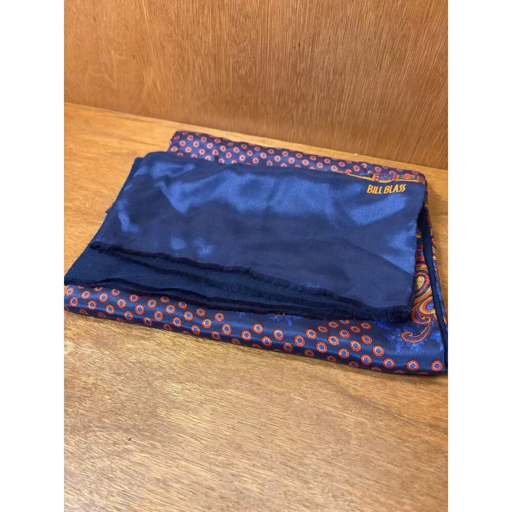 80s Vintage Bill Blass Navy + Orange Patterned 100% Silk + Wool Rectangle Scarf